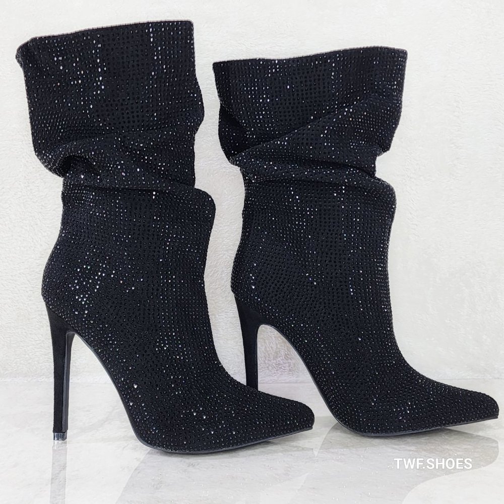 Resolve Sparkling Black Rhinestone High Heel Slouch Calf Boots New Years Bling